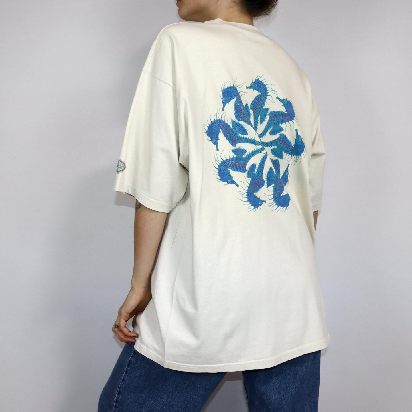 Vintage 80s 90s SKY&HI Skater Shirt T-Shirt short sleeve heavy cotton beige print back XL