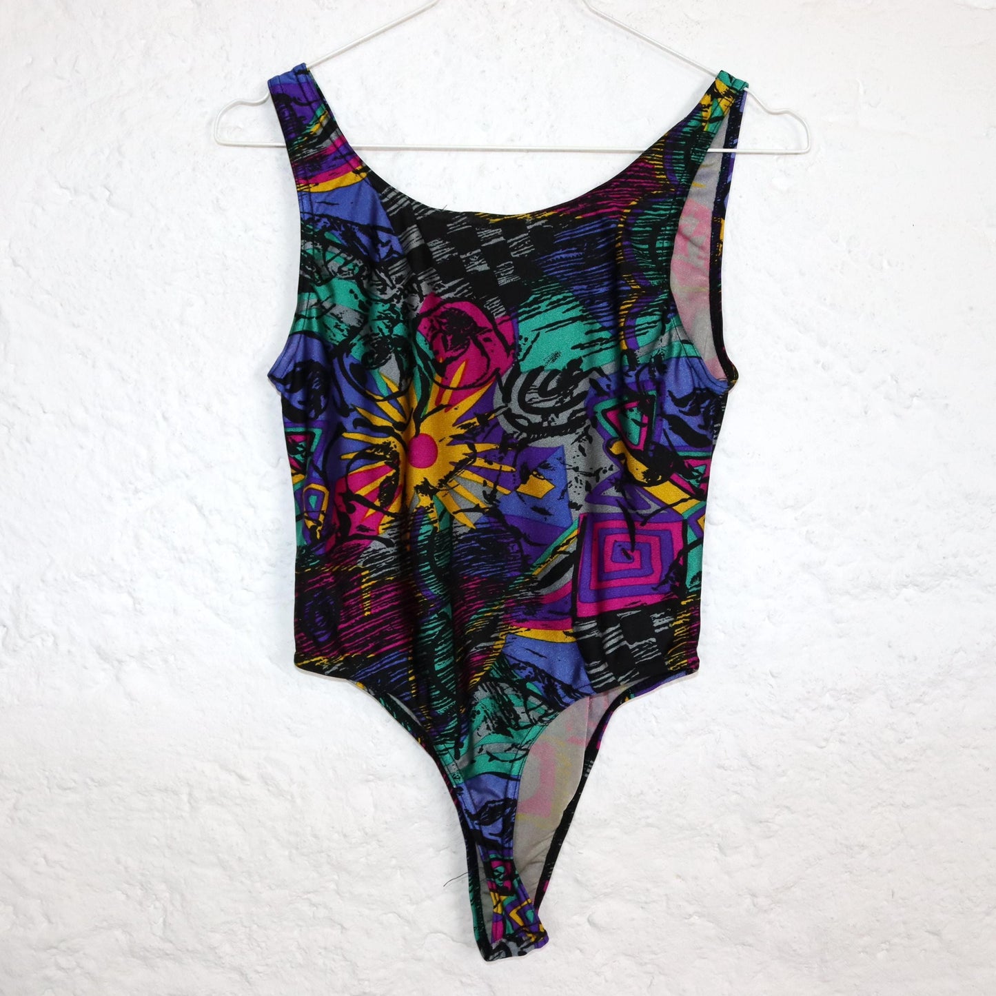 Vintage 80s 90s RIBBONS Body Aerobicbody One-piece crazy pattern top colorful M