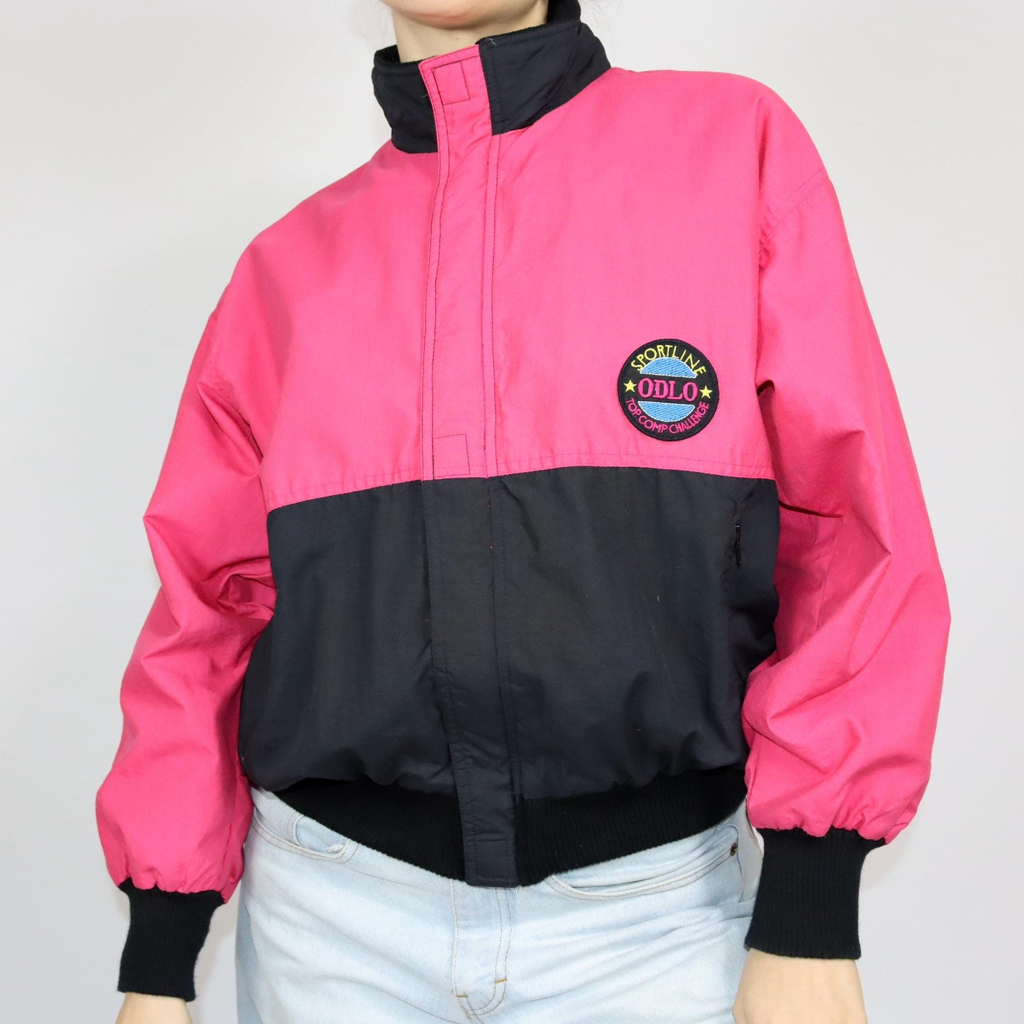 Vintage 80s 90s ODLO jacket thin stand-up collar black pink 38