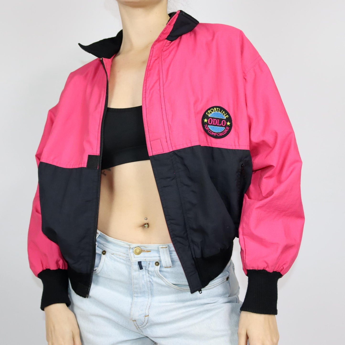 Vintage 80s 90s ODLO jacket thin stand-up collar black pink 38