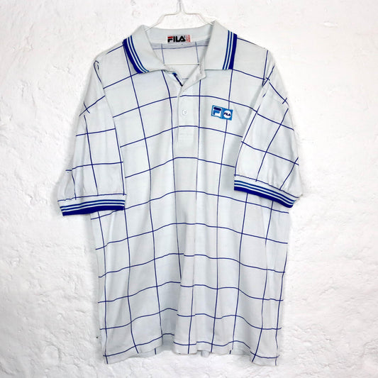 Vintage 80er 90er FILA Poloshirt T-Shirt kurzarm kariert weiß blau Tennisshirt 52 L