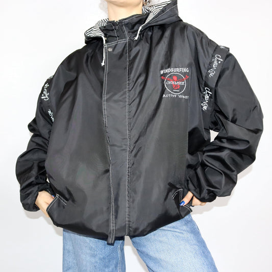 Vintage 80er 90er CHIEMSEE Regenjacke Weste windbreaker schwarz mit Kapuze XXL