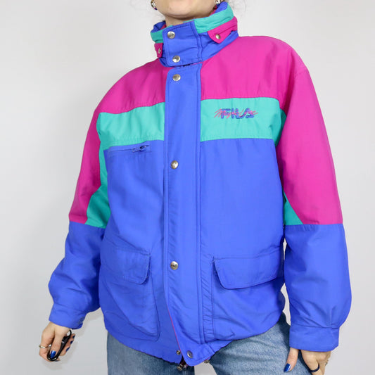 Vintage 80er 90er FILA Magic Line 2in1 Winterjacke Regenjacke Windbreaker 2 Jacken blau türkis pink 46 S