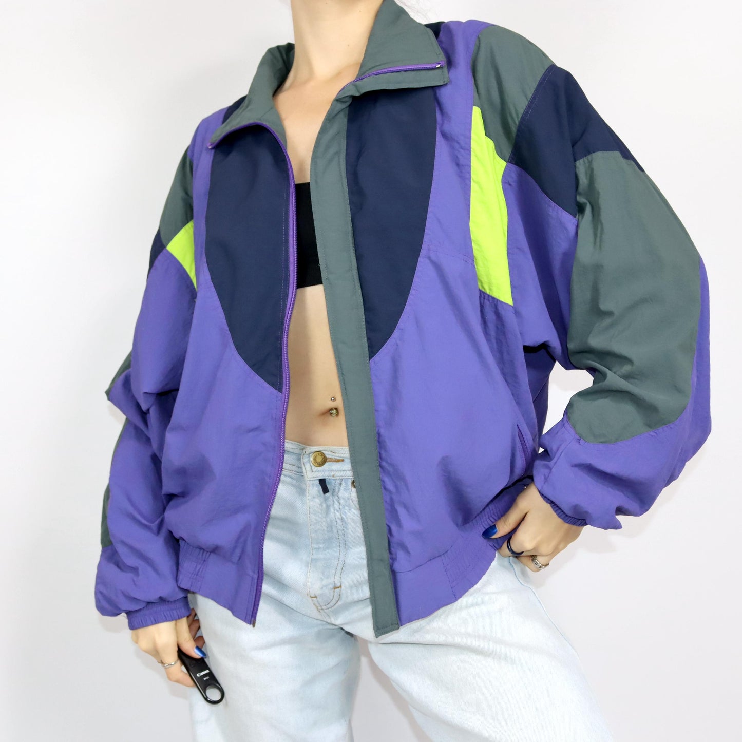Vintage 80s 90s GOLDEN TEAM tracksuit jacket sports jacket double-layered stand-up collar purple grey 54 XL