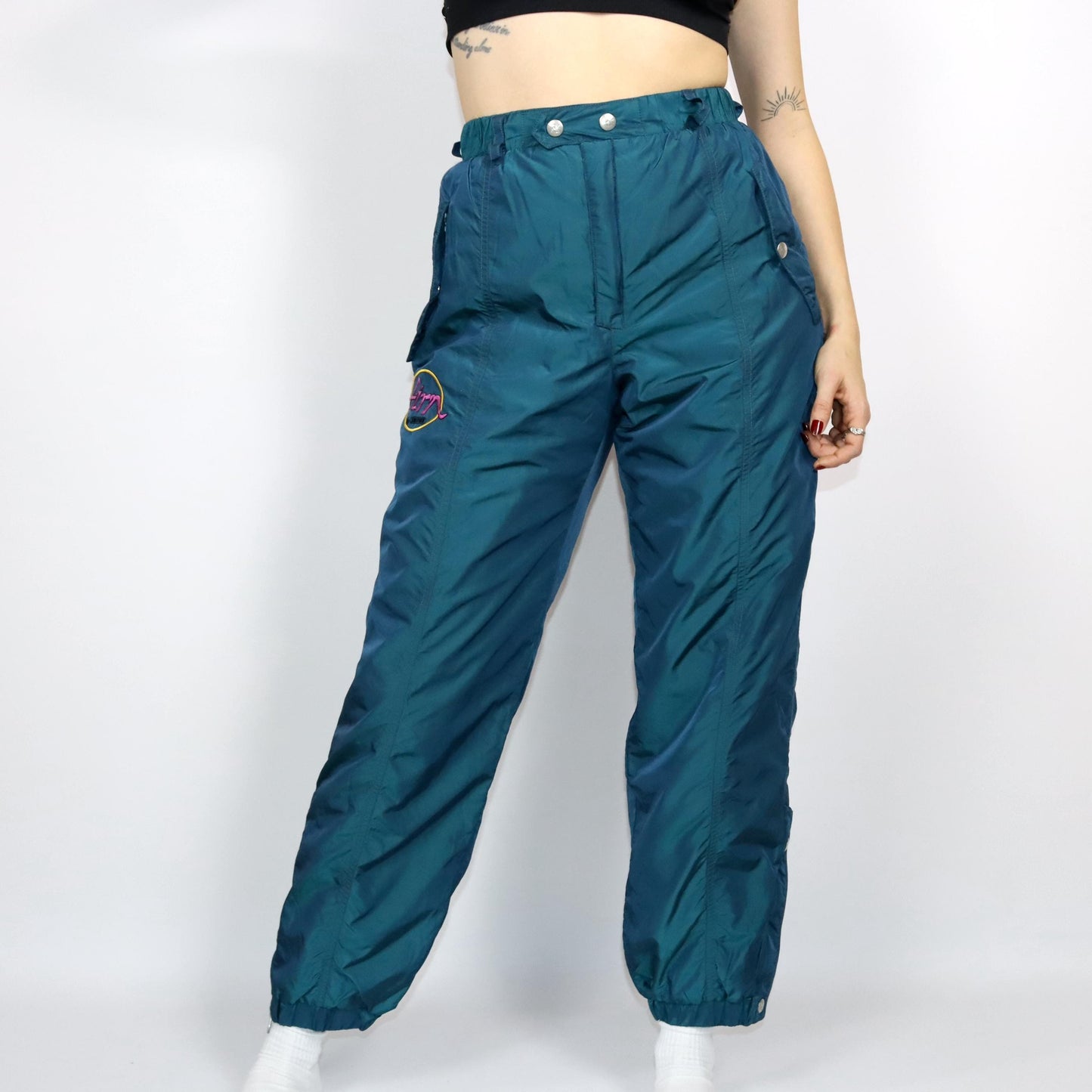 Vintage 80s 90s SALEWA ski pants lined high waist metallic shiny turquoise M