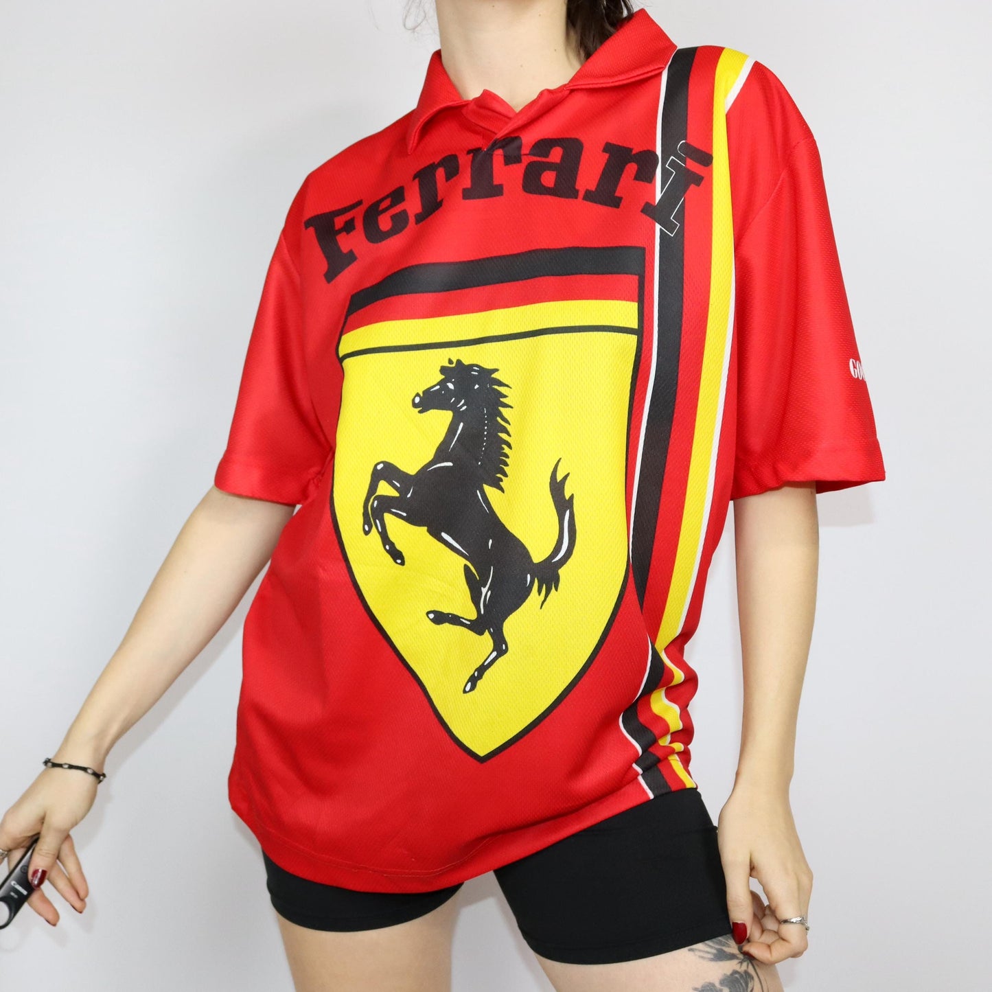 Vintage 80s 90s FERRARI jersey T-shirt short sleeve red polo collar L