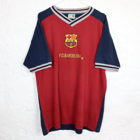 Vintage 80er 90er JOSMA FC Barcelona 2000 T-Shirt kurzarm V-Ausschnitt dunkelrot dunkelblau XL