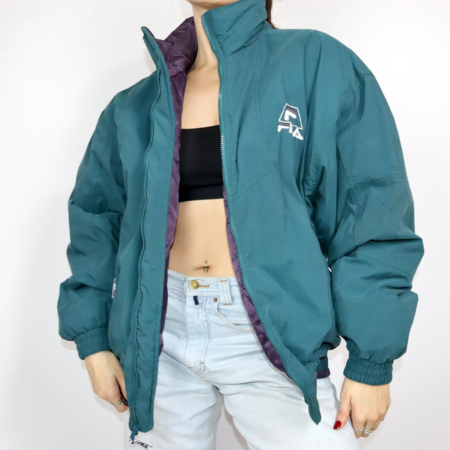 Vintage 80s 90s FILA winter jacket lined green purple bomber jacket stand-up collar XL