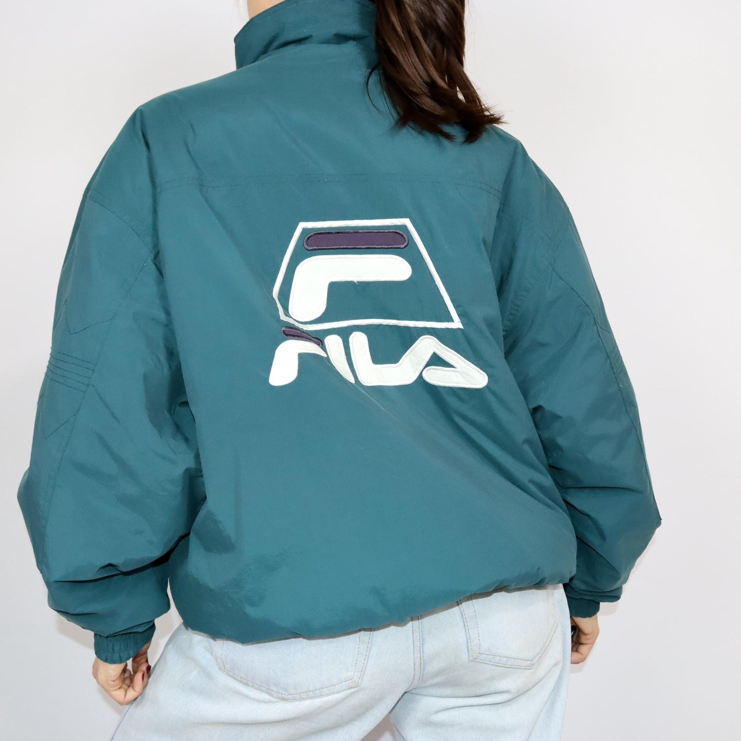 Vintage 80s 90s FILA winter jacket lined green purple bomber jacket stand-up collar XL