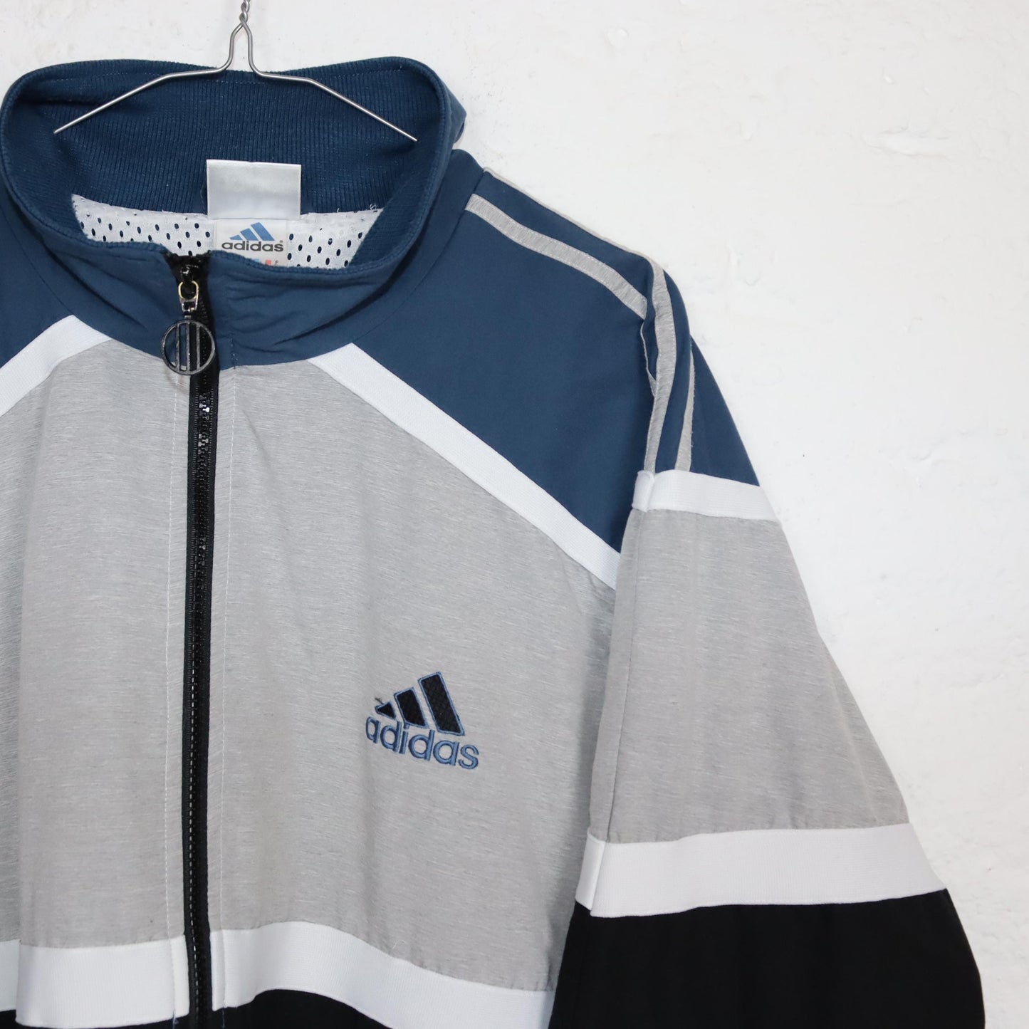 Vintage 80s 90s ADIDAS tracksuit jacket stand-up collar white grey blue D7 L