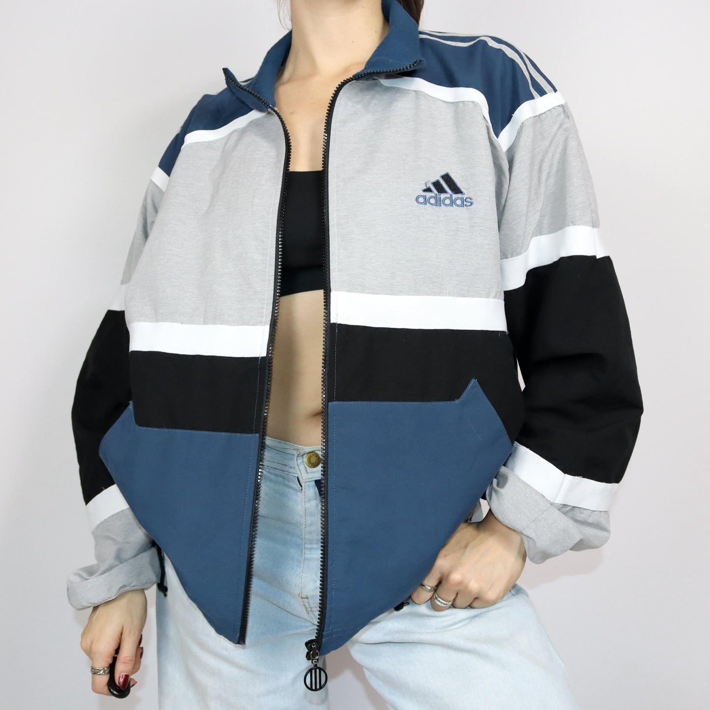 Vintage 80s 90s ADIDAS tracksuit jacket stand-up collar white grey blue D7 L