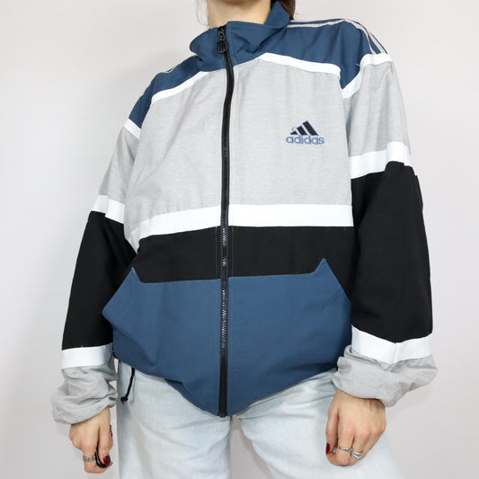 Vintage 80s 90s ADIDAS tracksuit jacket stand-up collar white grey blue D7 L