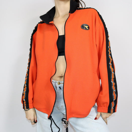 Vintage 80er 90er DIADORA Trainingsjacke Sportjacke Stehkragen Waffeloptik orange schwarz 54 XL