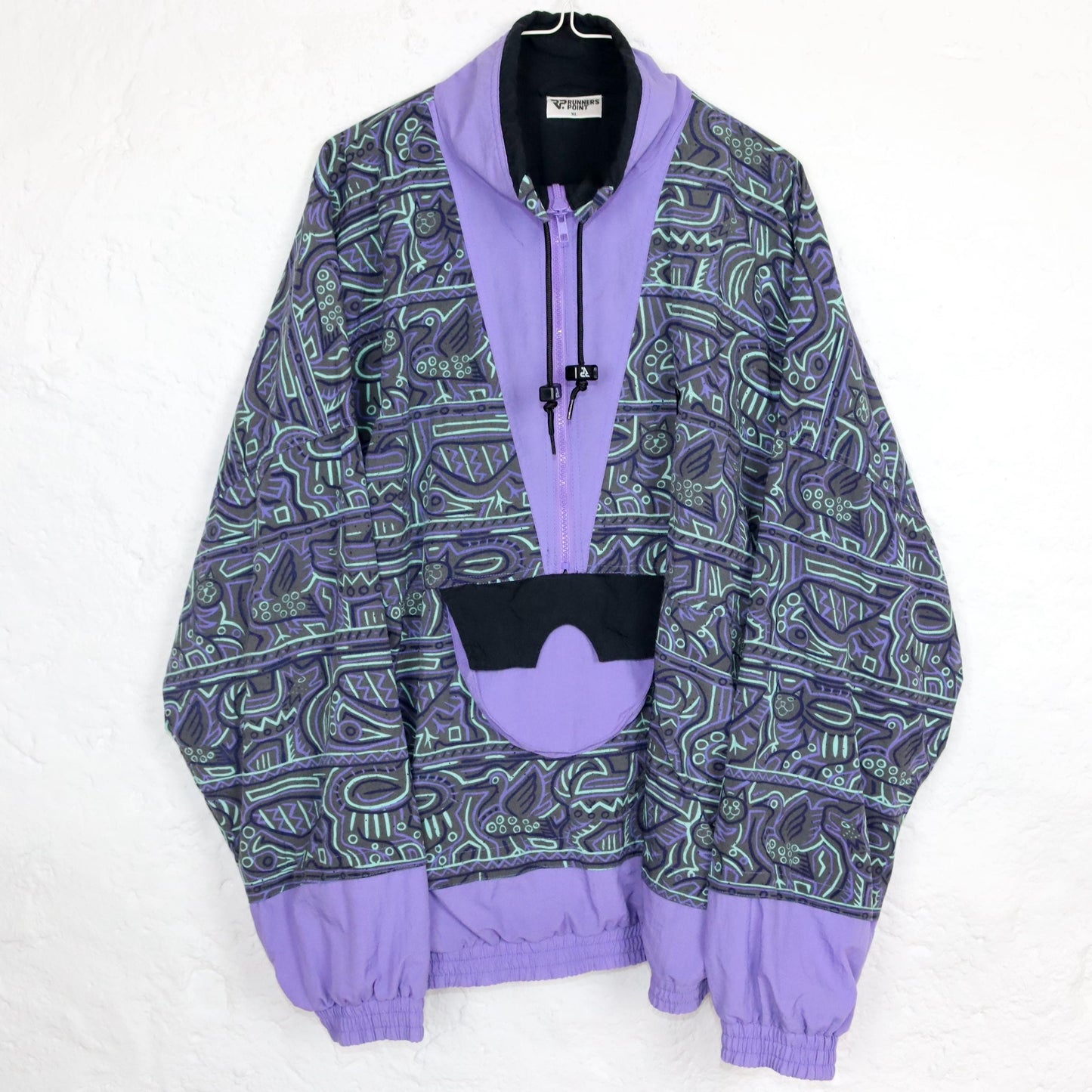 Vintage 80s 90s RUNNERS POINT training jacket windbreaker crazy pattern purple turquoise XL