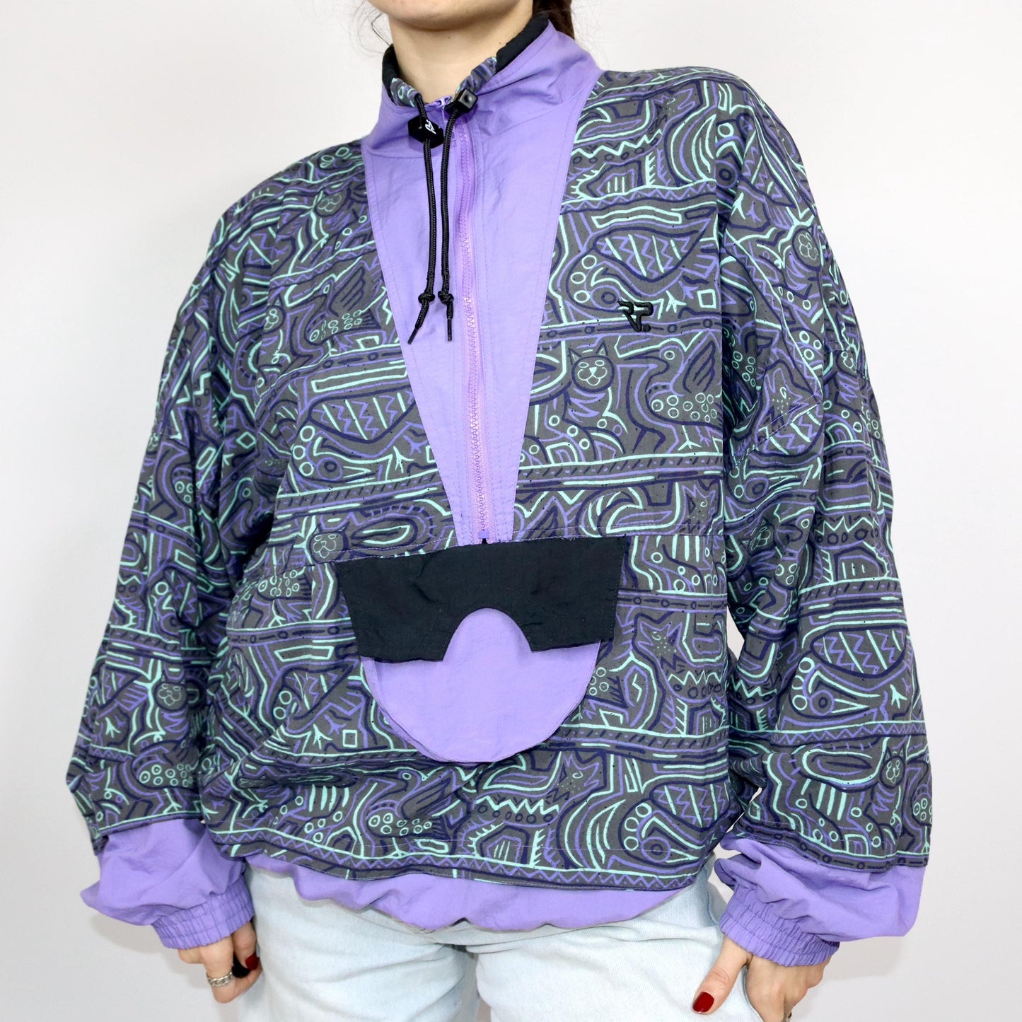 Vintage 80s 90s RUNNERS POINT training jacket windbreaker crazy pattern purple turquoise XL