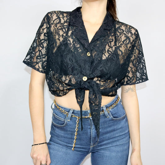 Vintage 80er 90er Bluse kurzarm bauchfrei zum Binden Spitze schwarz M