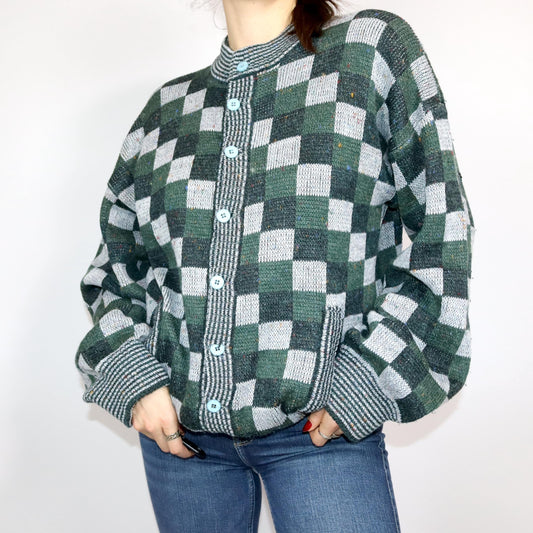 Vintage 80er 90er Strickjacke Cardigan gemustert dunkelgrün grau Schachbrettmuster Knopfleiste 52 L