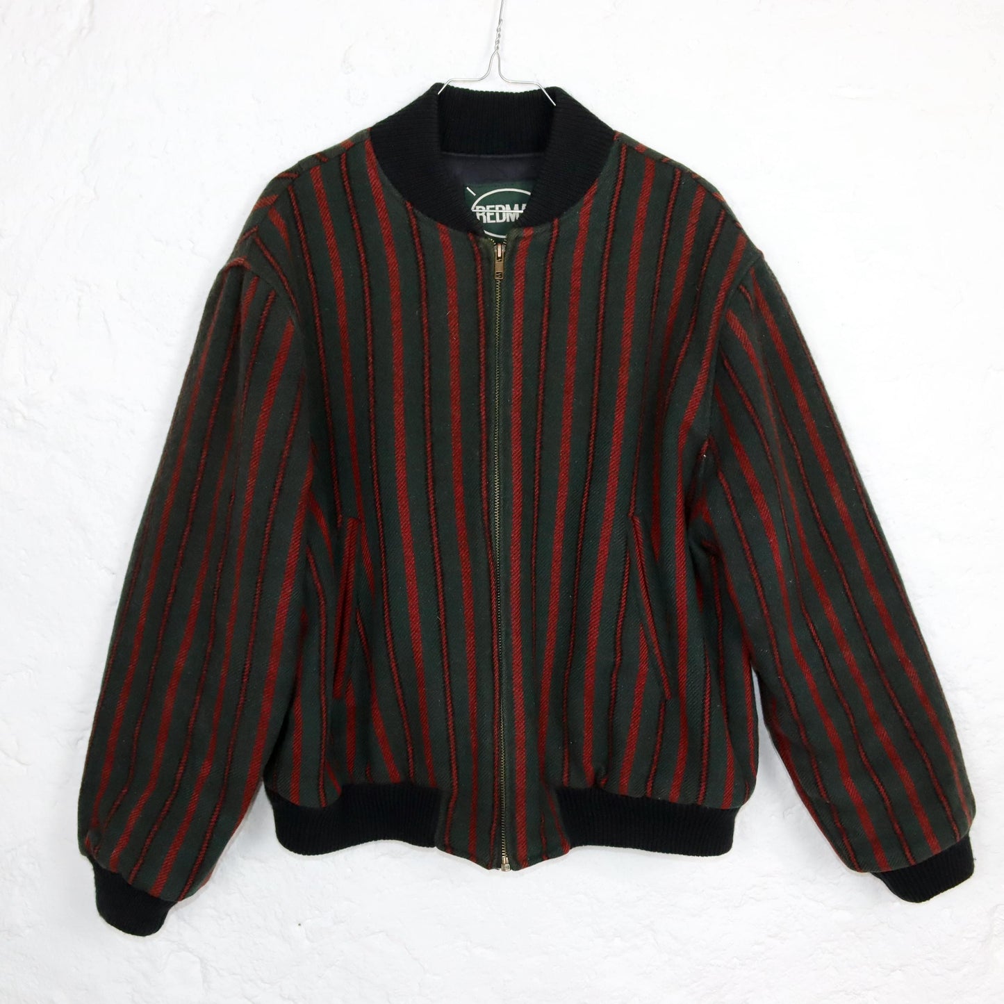 Vintage 80s 90s REDMAN bomber jacket wool lightly lined striped dark green red M