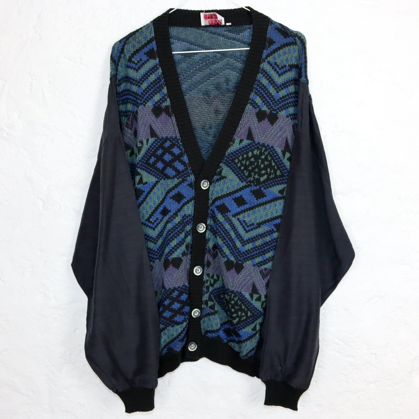 Vintage 80s 90s MANNA cardigan patterned button row blue XL 54