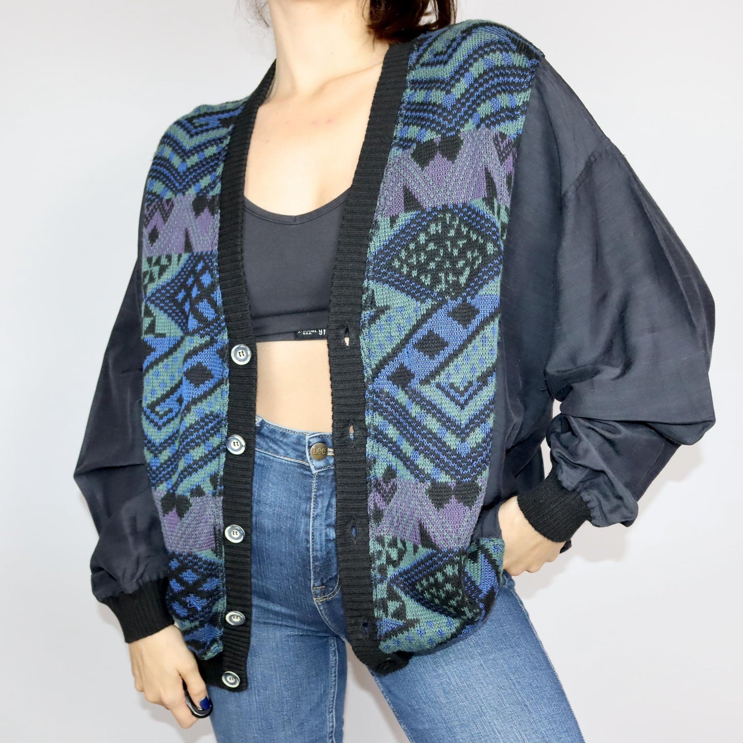 Vintage 80s 90s MANNA cardigan patterned button row blue XL 54