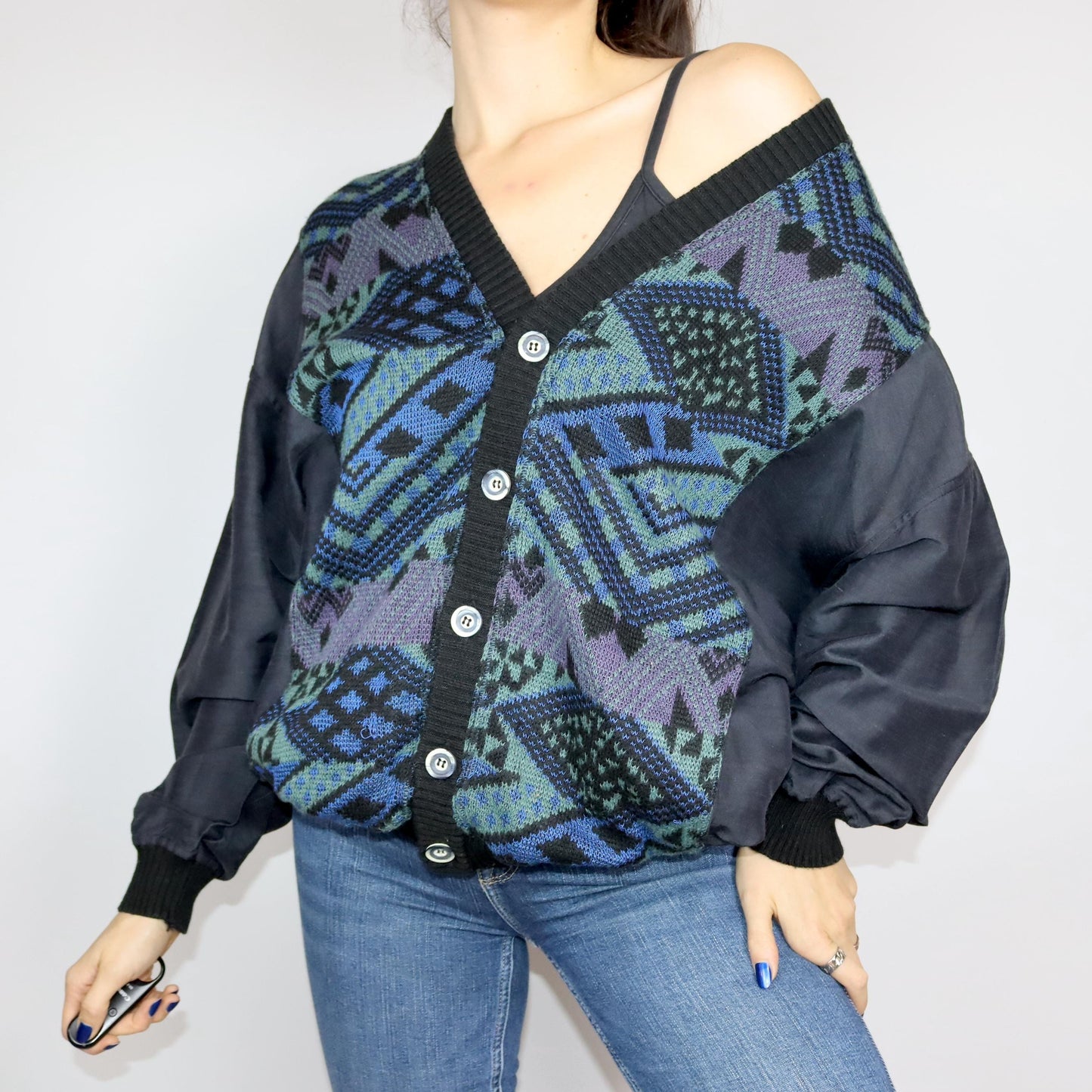 Vintage 80s 90s MANNA cardigan patterned button row blue XL 54