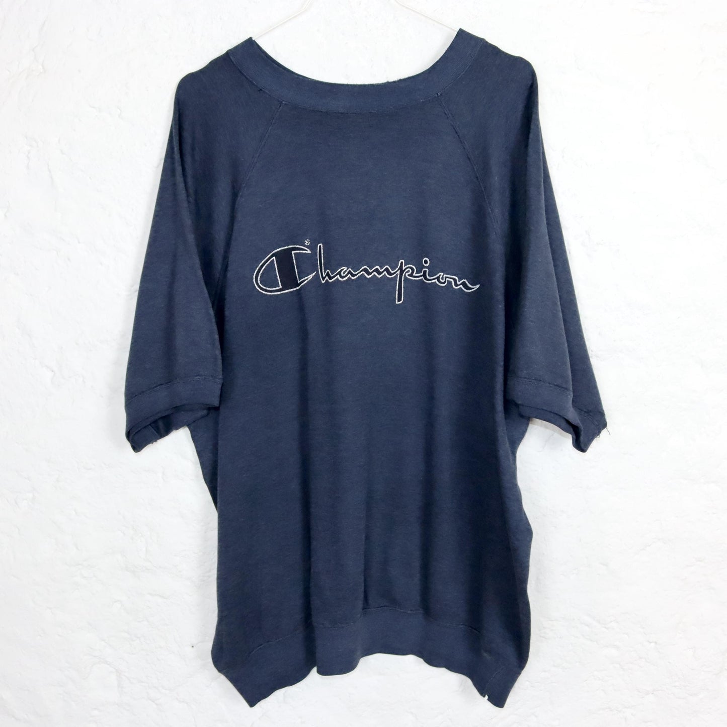 Vintage 80er 90er CHAMPION Sweatshirt kurzarm Shirt dunkelblau meliert XL