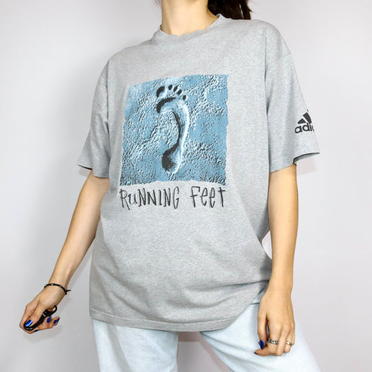 Vintage 80er 90er ADIDAS T-Shirt kurzarm grau Print XL