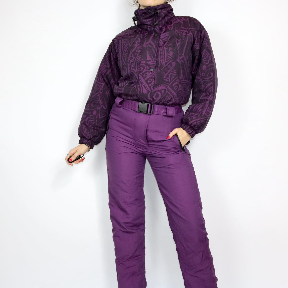 Vintage 80s 90s ASTROLABIO ski suit snowsuit purple crazy pattern 38