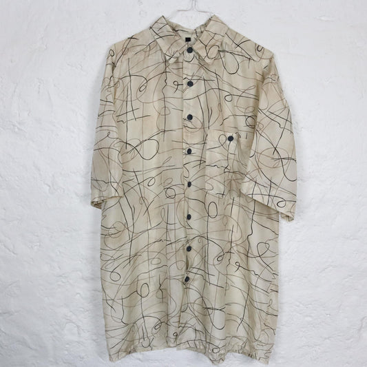 Vintage 80er 90er NICK TAYLOR Seidenhemd kurzarm Hemd Seide crazy pattern beige M