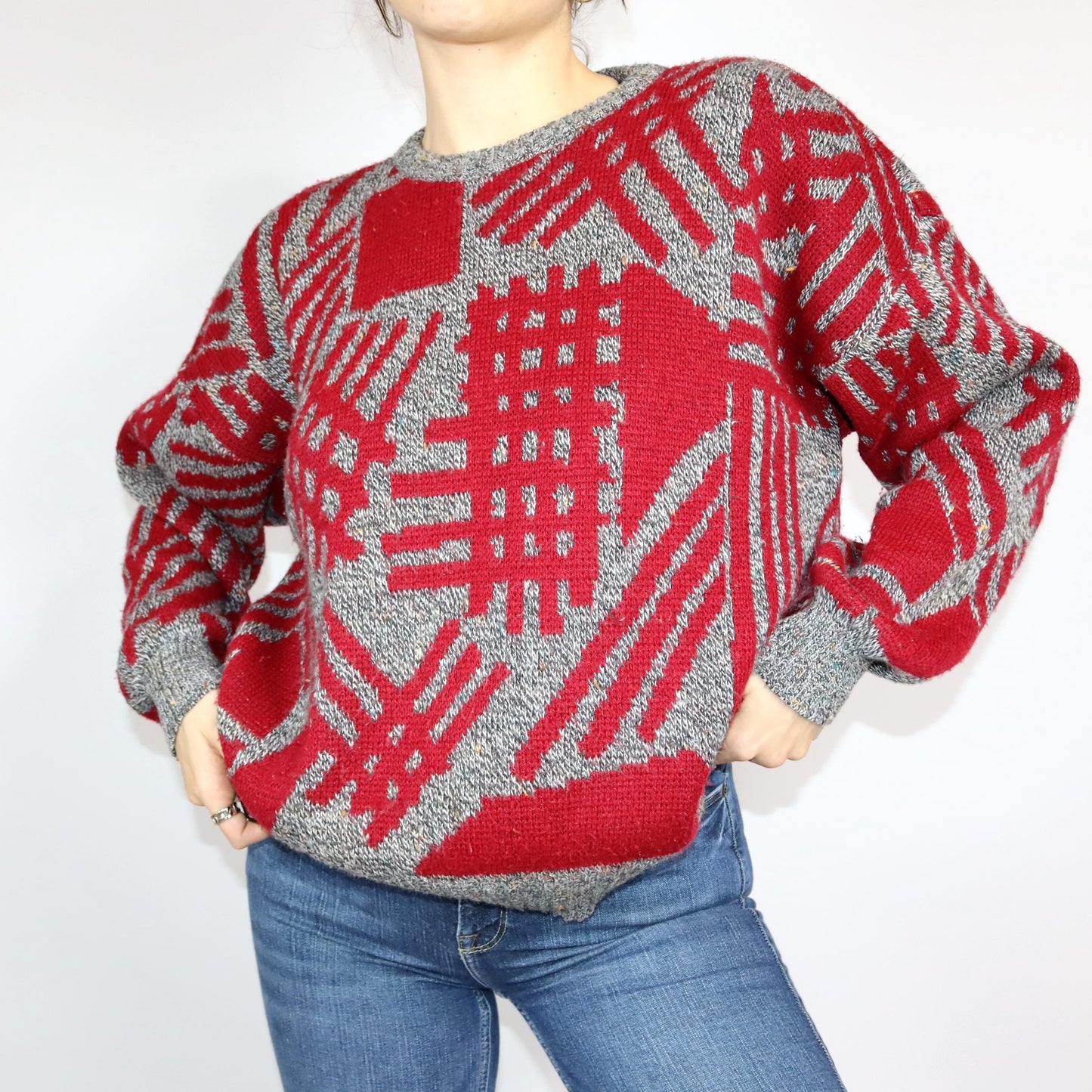 Vintage 80er 90er Pullover Strickpullover crazy pattern grau rot 50 L