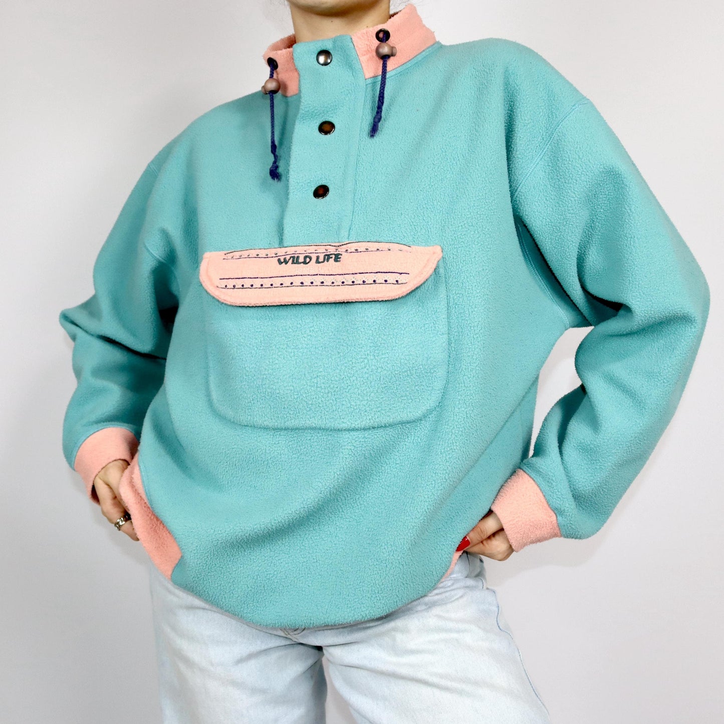 Vintage 80er 90er BIDIBLU Fleecepullover Pullover Stehkragen Pastell XL