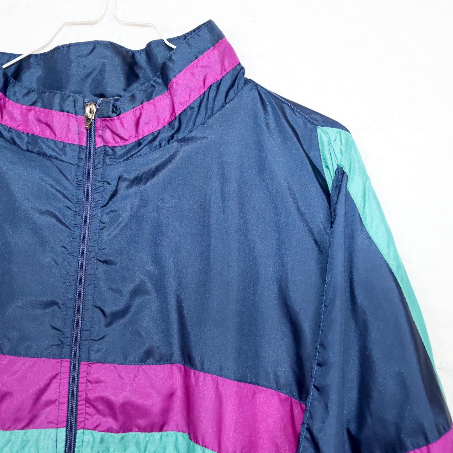 Vintage 80s 90s tracksuit jacket sports jacket stand-up collar shiny double-layered purple turquoise dark blue L
