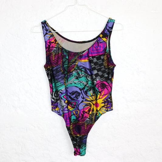Vintage 80er 90er RIBBONS Body Aerobicbody Einteiler crazy pattern top bunt M