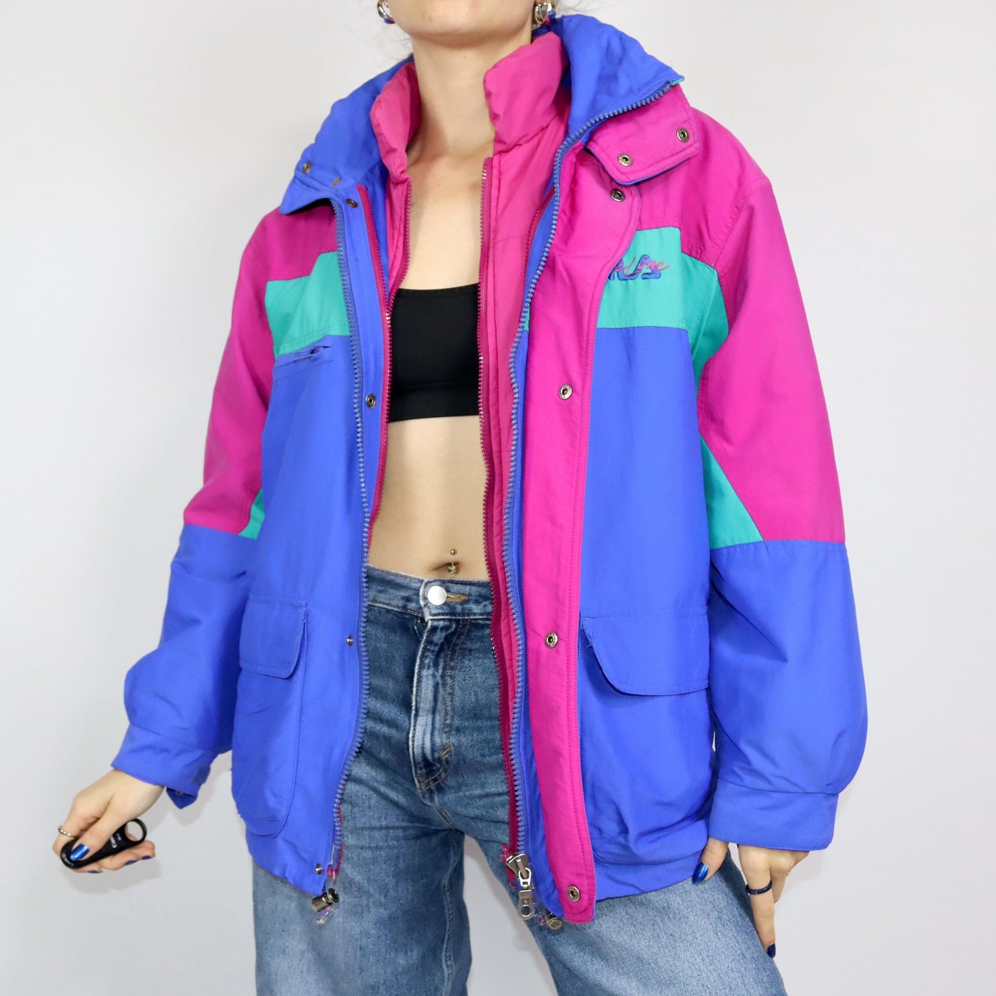 Vintage 80s 90s FILA Magic Line 2in1 winter jacket rain jacket windbreaker 2 jackets blue turquoise pink 46 S