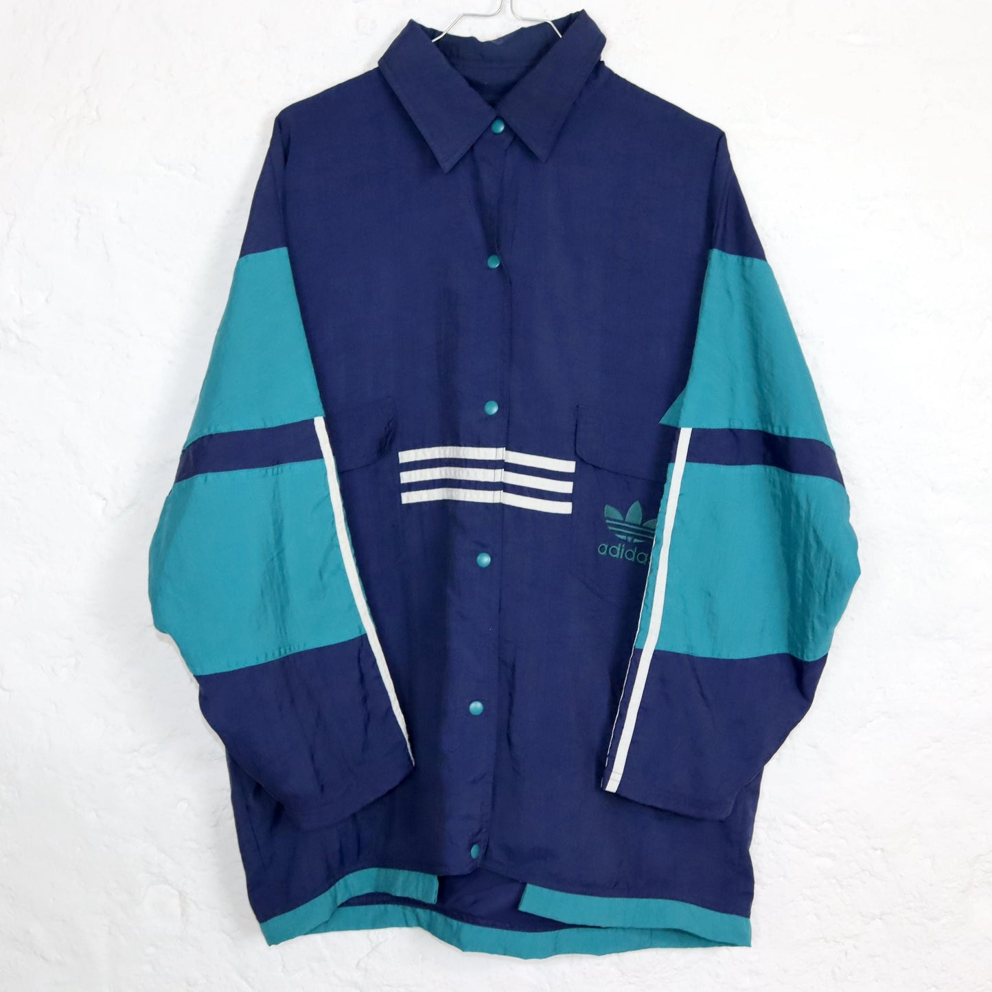 Vintage 80s 90s ADIDAS rain jacket windbreaker collar dark blue turquoise D4 S