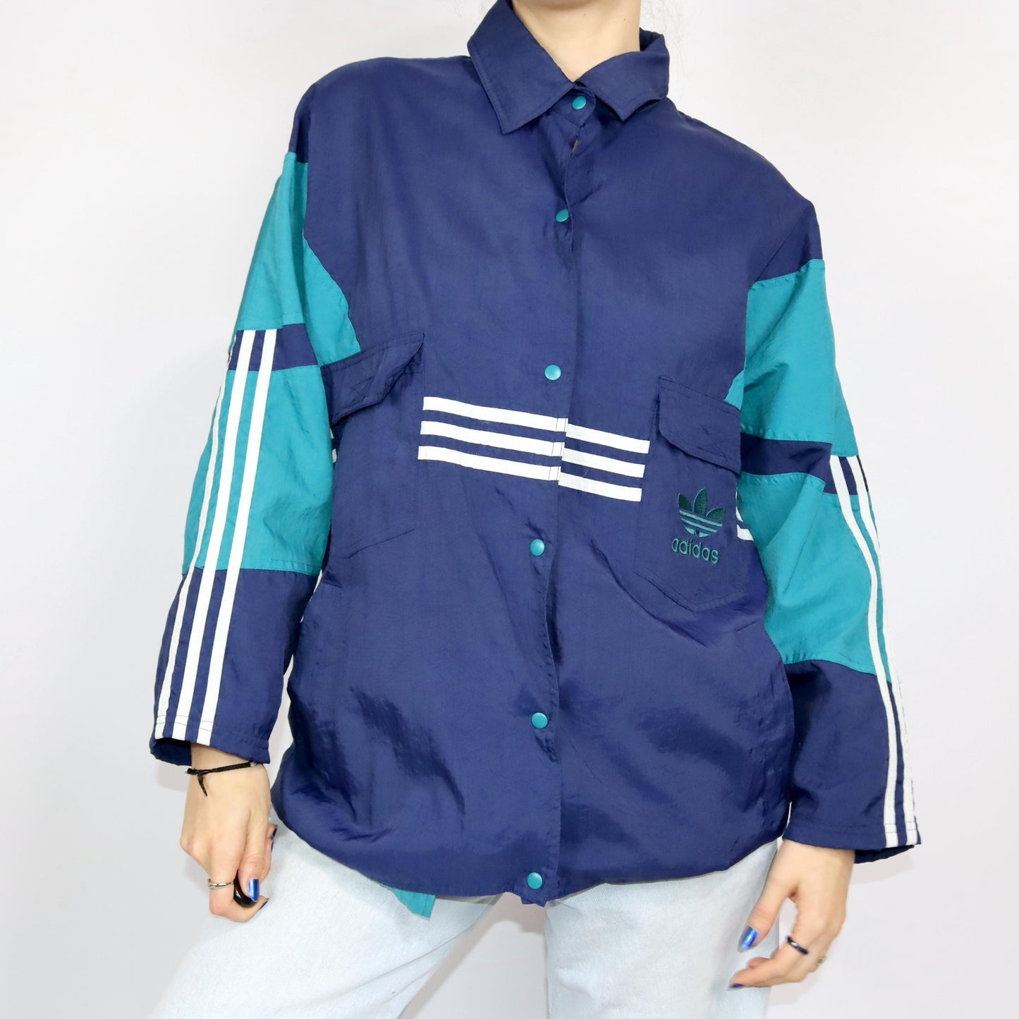 Vintage 80s 90s ADIDAS rain jacket windbreaker collar dark blue turquoise D4 S