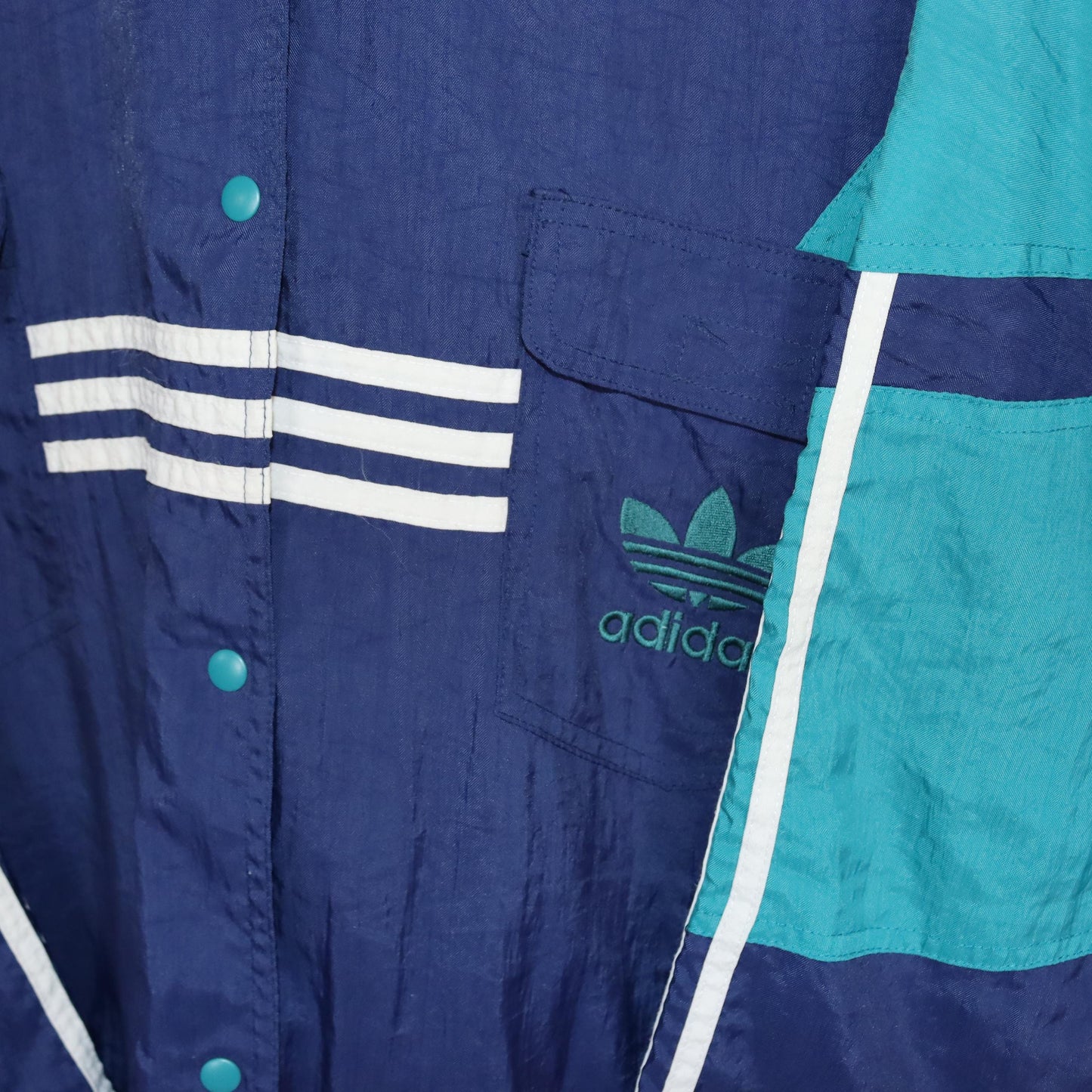Vintage 80s 90s ADIDAS rain jacket windbreaker collar dark blue turquoise D4 S