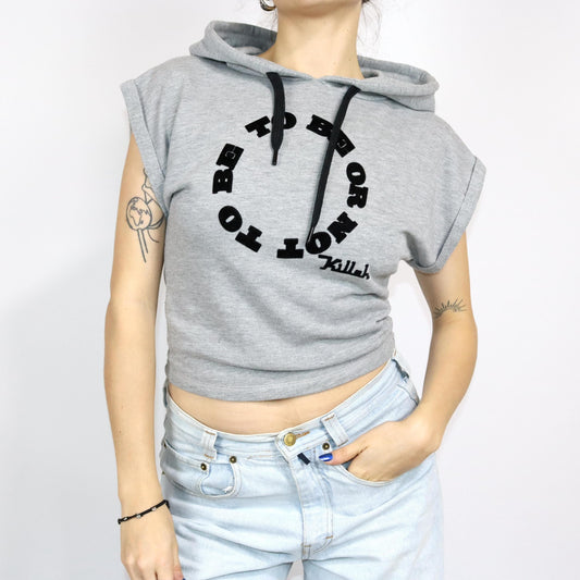 Vintage 80er 90er Y2k KILLAH Sweatshirt shirt kurzarm Pullover to be or not to be Kapuze grau XS