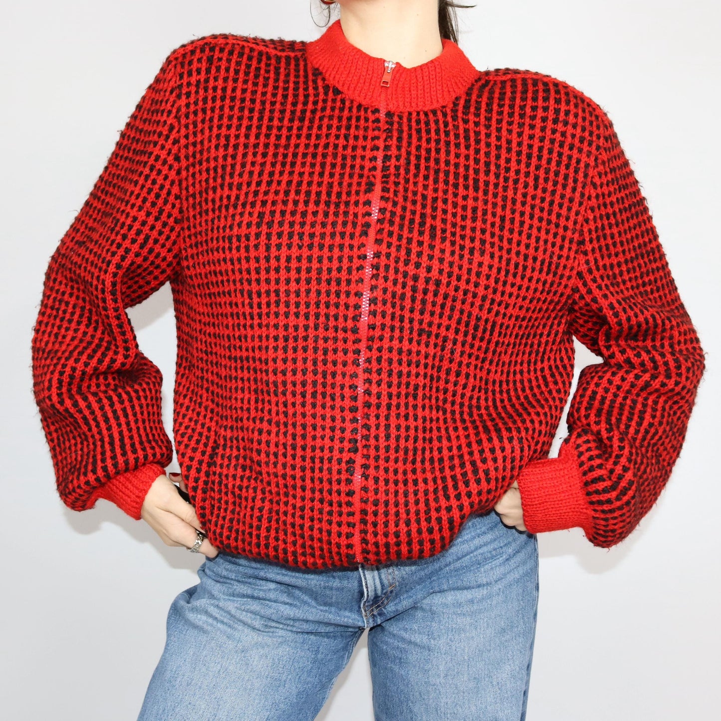 Vintage 80s 90s wool jacket thick cardigan wool double layer black red shoulder pads zipper M