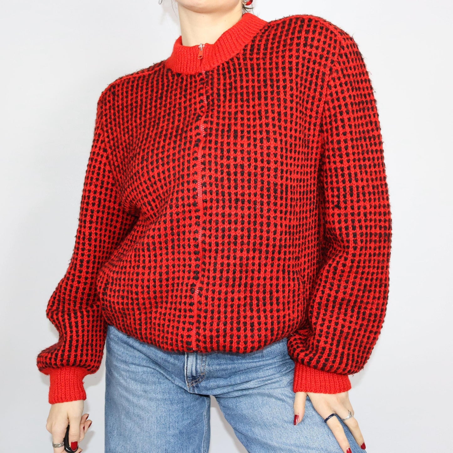 Vintage 80s 90s wool jacket thick cardigan wool double layer black red shoulder pads zipper M