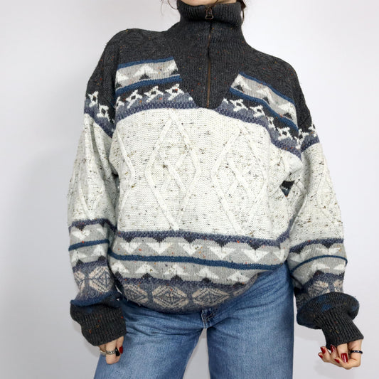 Vintage 80er 90er ANGELO LITRICO Wollpullover Fischerpullover wolle Mohair Stehkragen Norwegen gemustert L