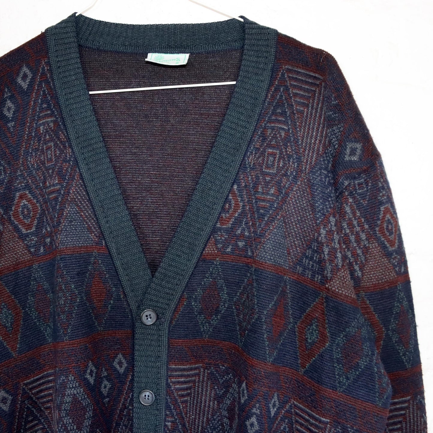 Vintage 80s 90s SIMONS Cardigan patterned button placket wool cardigan wool M/L