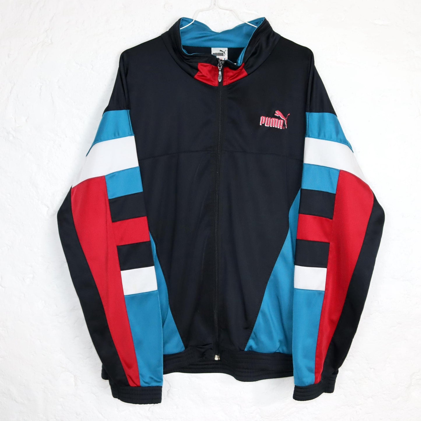Vintage 80s 90s PUMA tracksuit jacket stand-up collar black blue red L