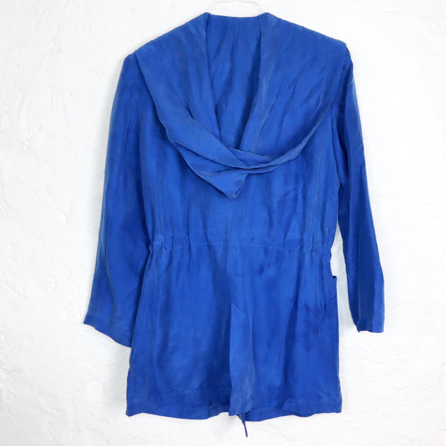 Vintage 80s 90s silk jacket coat silk shoulder pads blue hood 38