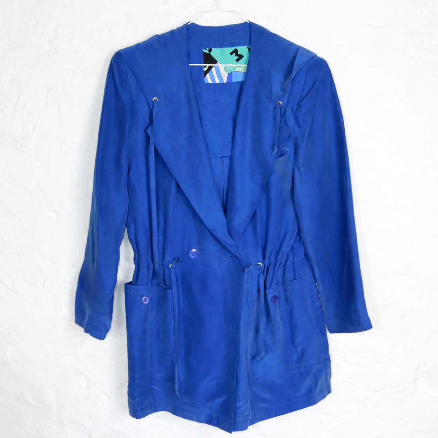 Vintage 80s 90s silk jacket coat silk shoulder pads blue hood 38