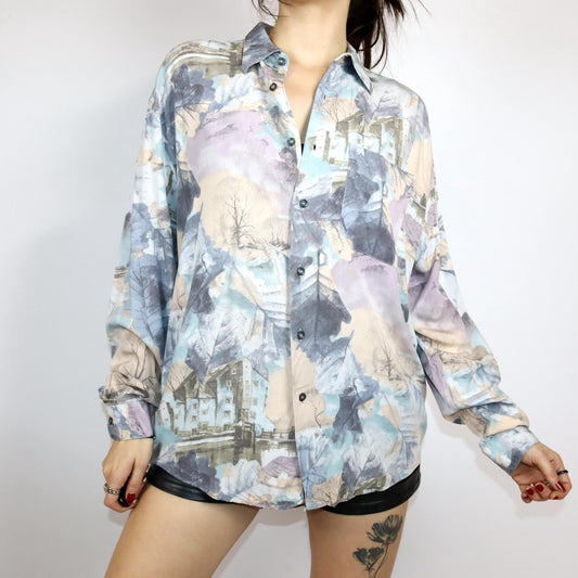 Vintage 80er 90er Hemd langarm crazy pattern pastellfarben L