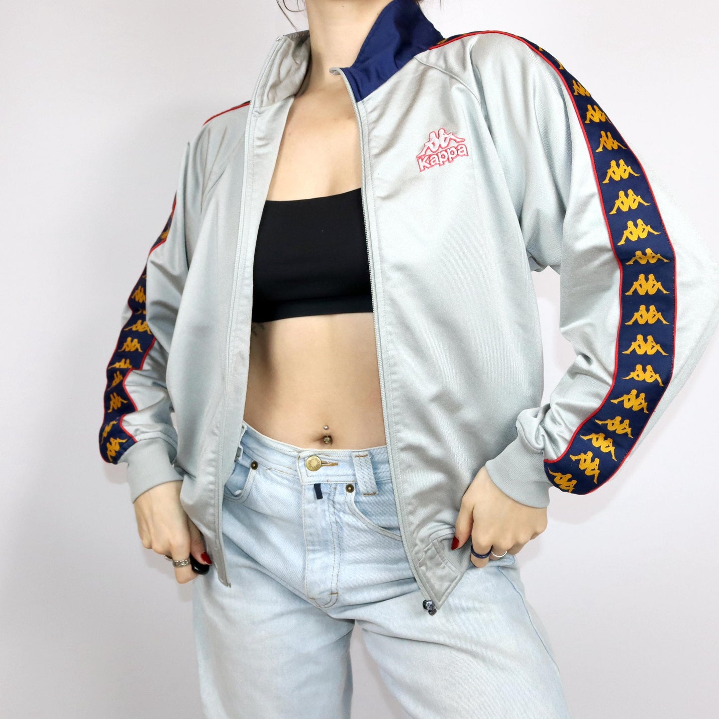 Vintage 80s 90s KAPPA tracksuit jacket stand-up collar silver dark blue yellow S