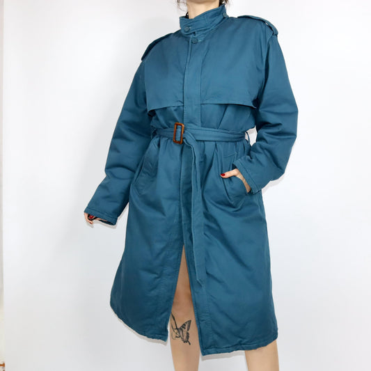 Vintage 80er 90er CIAO Trenchcoat Mantel gefüttert blau Gürtel L