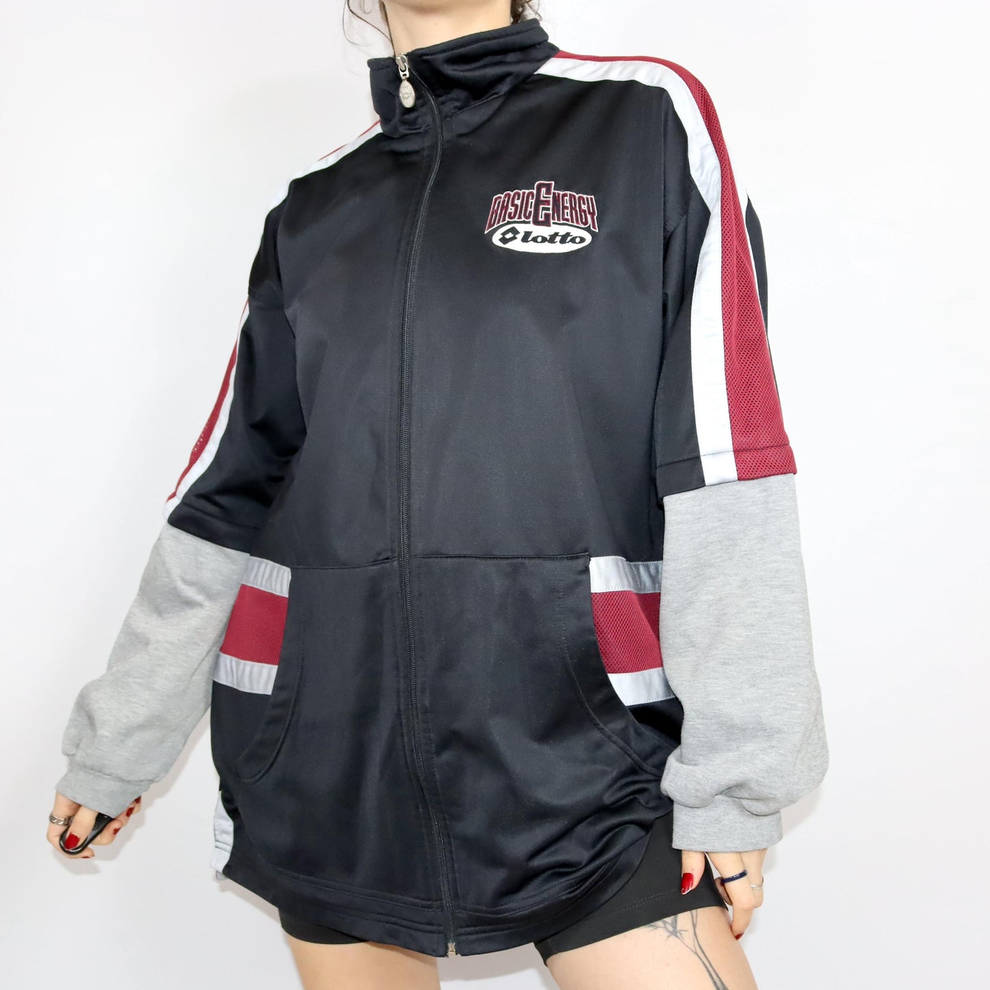 Vintage 80s 90s LOTTO tracksuit jacket stand-up collar black grey red 56 XXL