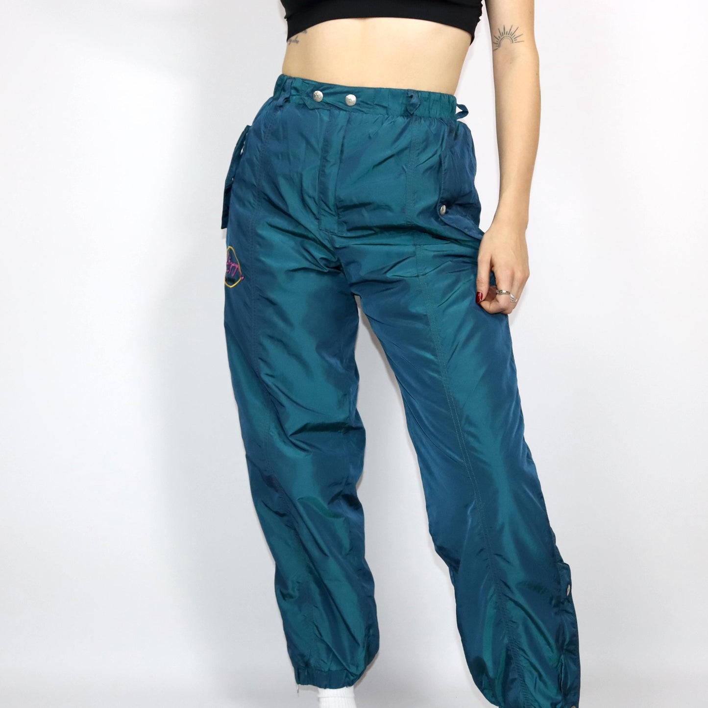 Vintage 80s 90s SALEWA ski pants lined high waist metallic shiny turquoise M